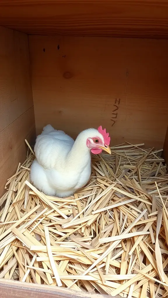 A hen resting in a straw-lined nesting box inside a chicken coop.