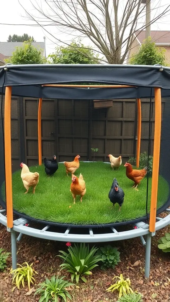 A converted trampoline frame serving as a chicken tractor with several chickens pecking on grass.