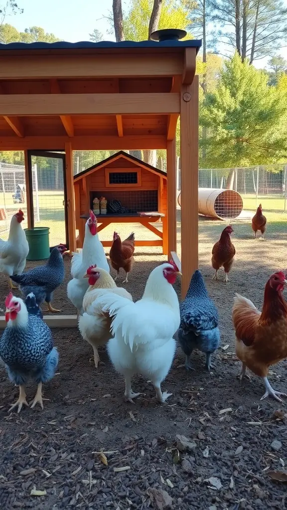 Chickens in an outdoor run connected to a coop, with various breeds present.