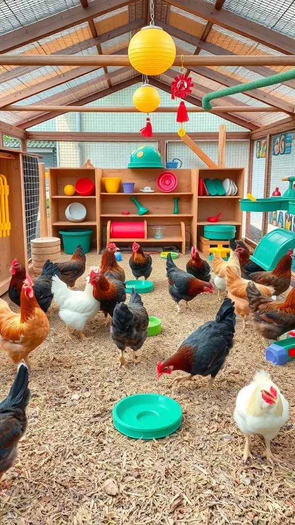 Colorful chicken run with various enrichment features and active chickens.