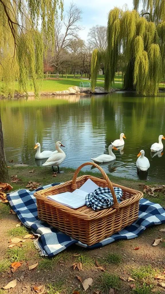 A picnic basket on a checkered blanket with a view of a serene pond and ducks.