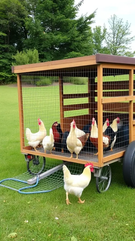 A portable chicken tractor with three chickens outside on green grass.