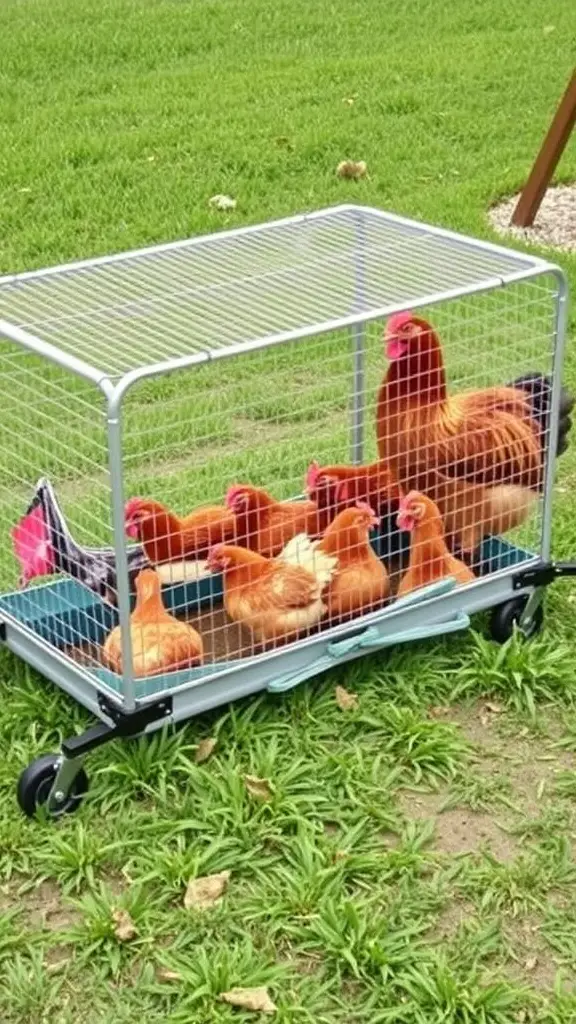 A portable chicken tractor with several chickens inside, set on green grass.