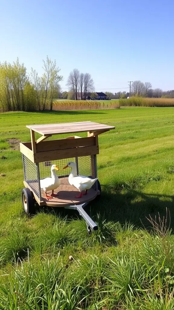 A portable duck pen on wheels with two ducks inside, set on green grass under a clear blue sky.