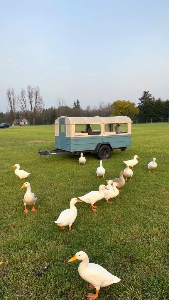 A portable duck tractor surrounded by ducks in a grassy field.