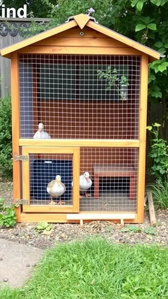 A predator-proof duck coop with wooden structure and mesh panels, housing three ducks.