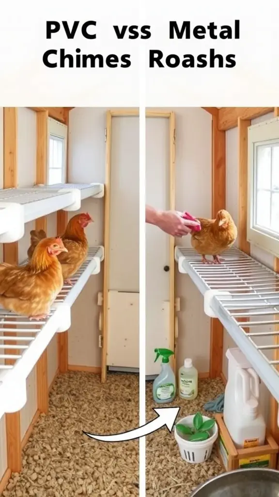 Two different chicken roost setups: one with a PVC roost and another with a metal roost, highlighting their easy cleaning features.