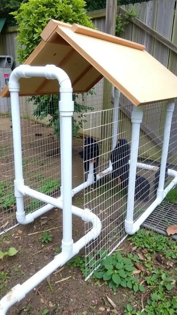 PVC pipe chicken tractor in a backyard with a chicken inside
