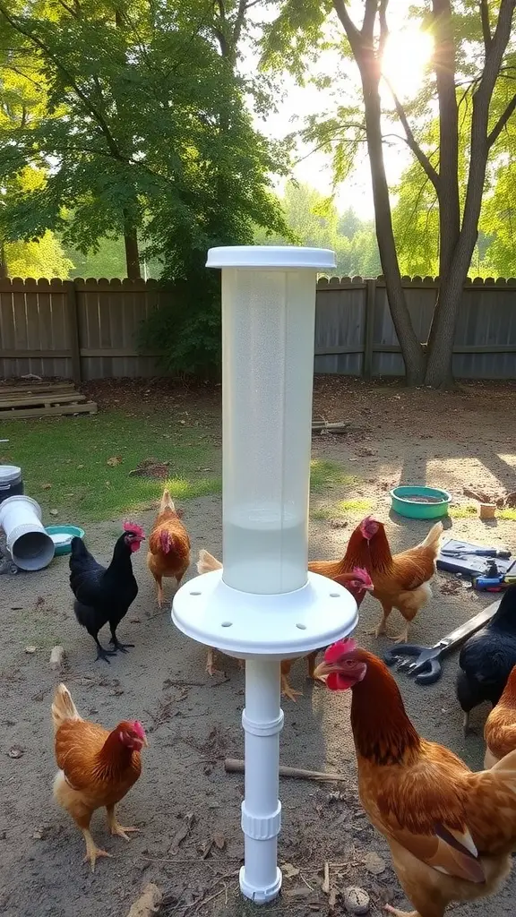 Chickens gathered around a DIY PVC pipe gravity feeder outdoors.