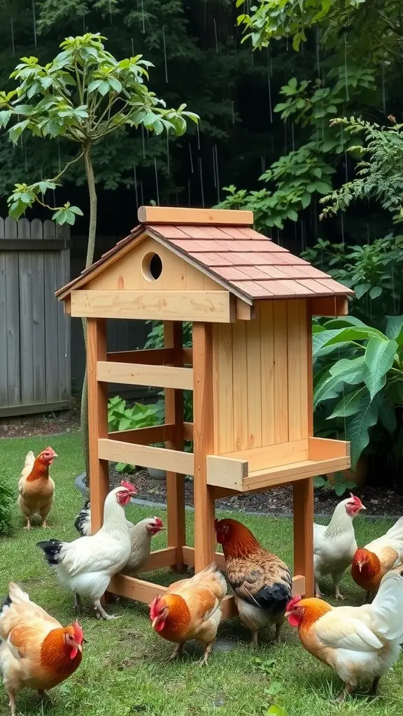 A rain-proof chicken feeder with a slanted roof and chickens foraging around it.