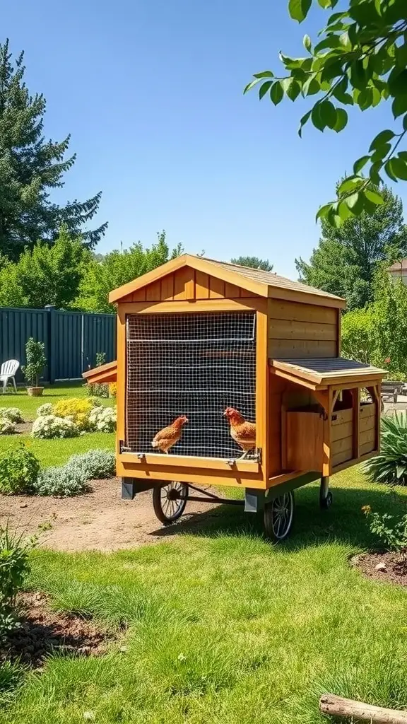 A raised chicken coop on wheels with two chickens inside, set in a beautiful garden.