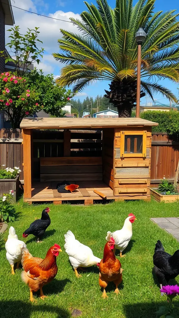 A chicken tractor made from recycled pallets with chickens roaming around.