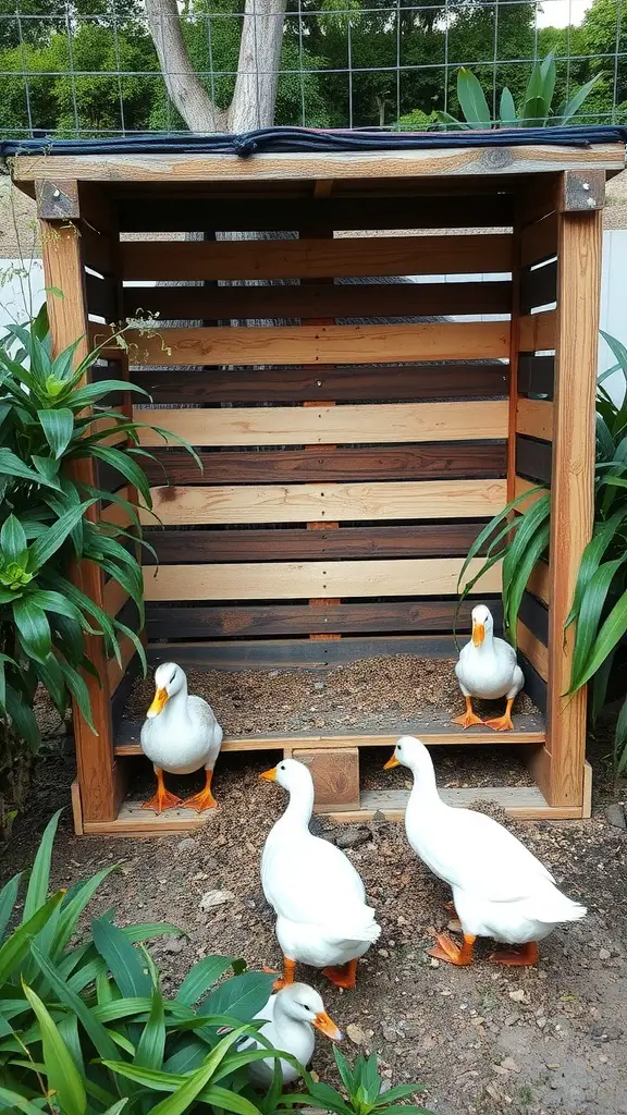 A simple duck enclosure made with wooden pallets, featuring four ducks and surrounded by plants.