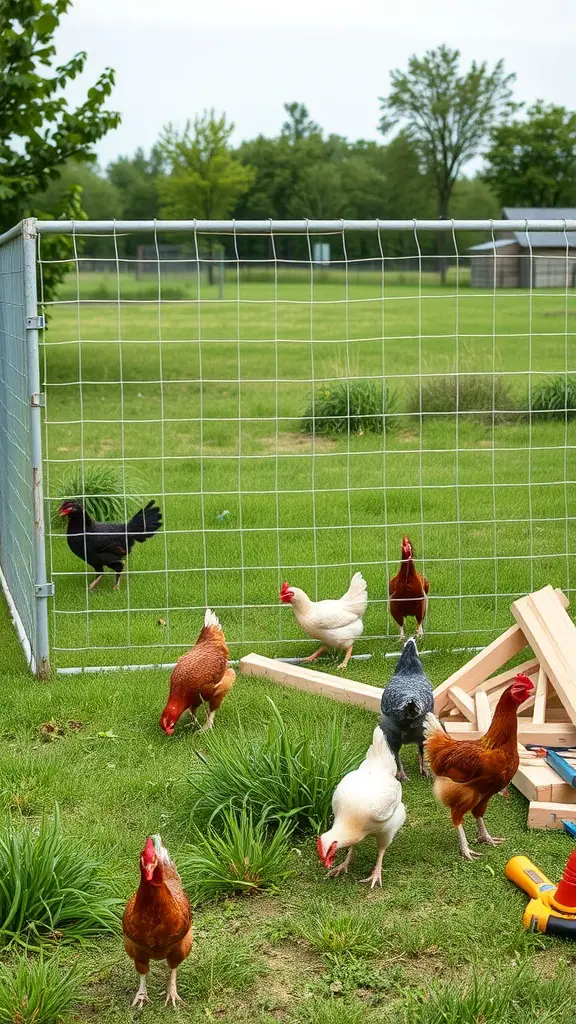 Chickens in a fenced area with reinforced cattle panels in a grassy yard.