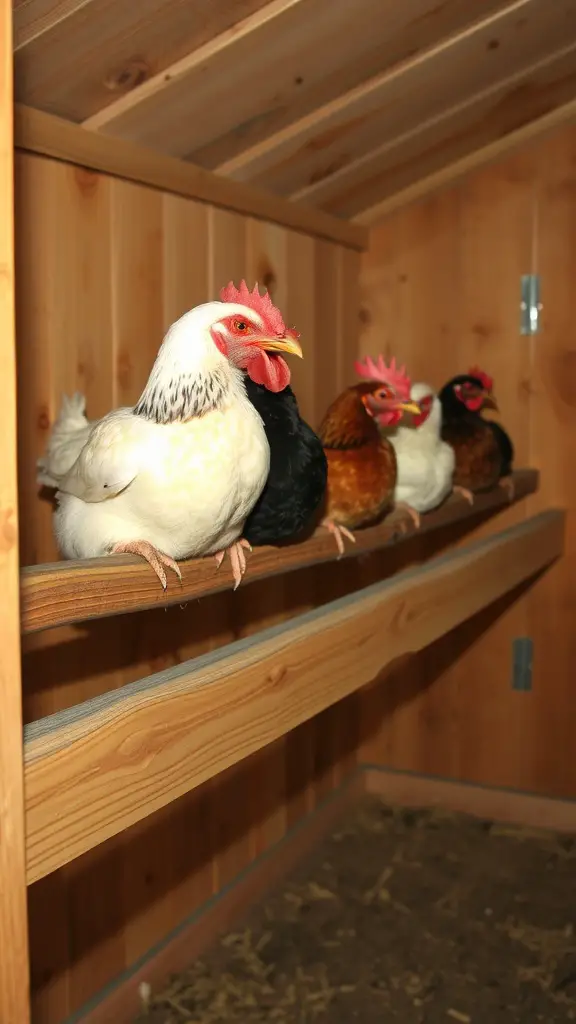 Chickens resting on roosting bars inside a wooden coop