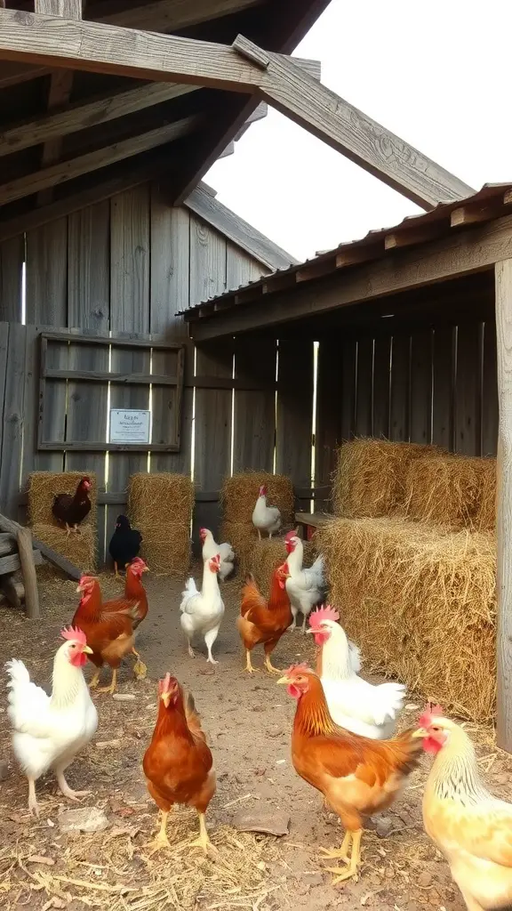 Rustic barn-inspired chicken shelter with chickens roaming around