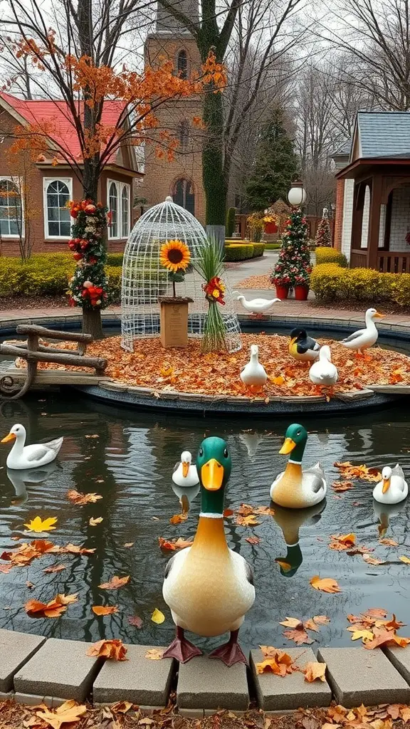 A duck pond decorated with autumn leaves, artificial ducks, and sunflowers, surrounded by seasonal decorations.