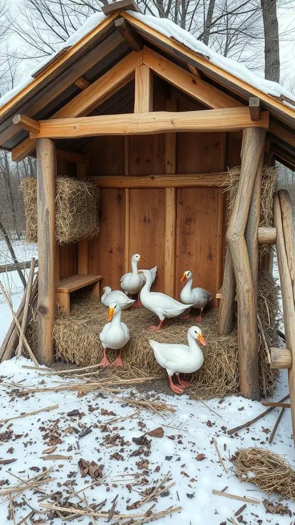 Wooden duck shelter with straw bedding and ducks outside, set in a snowy environment.