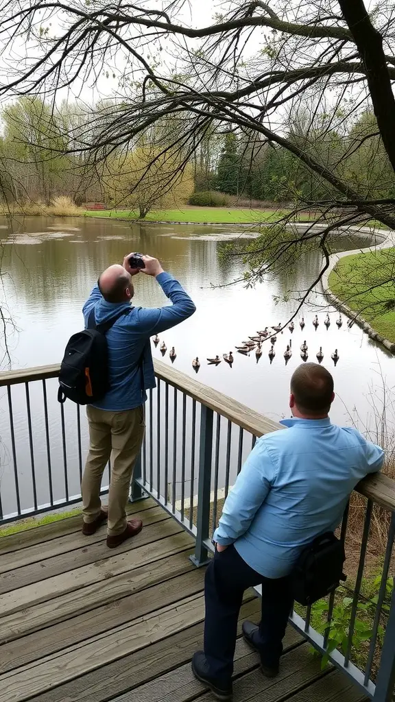 A wooden observation deck by a pond with a person taking photos of ducks.