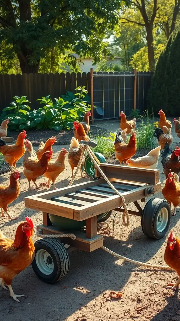 A wooden skid-based chicken tractor with rope pulls surrounded by chickens in a garden setting.
