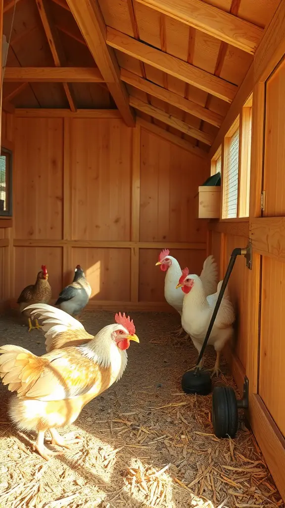 Interior of a chicken coop with several chickens, showcasing wooden walls and natural light.