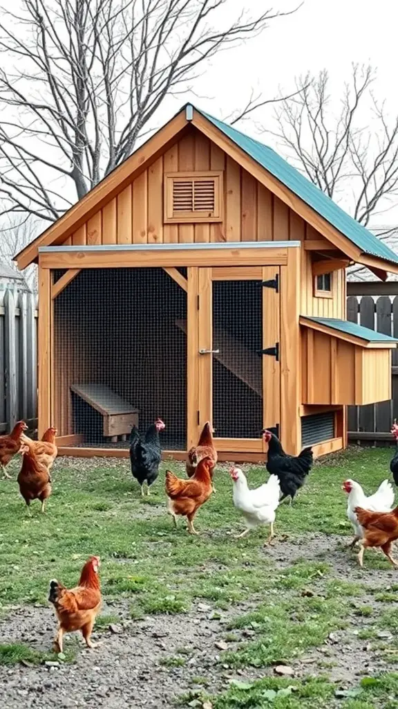 A spacious A-frame chicken coop with chickens roaming around