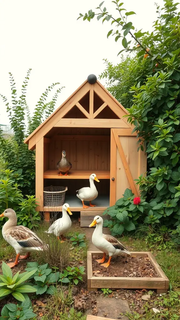 A spacious A-frame duck coop with ducks around it, set in a lush garden.
