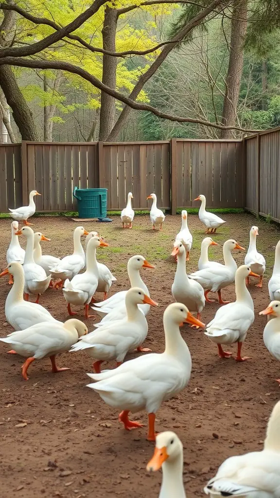Ducks in a spacious outdoor quarantine area surrounded by wooden fencing and trees