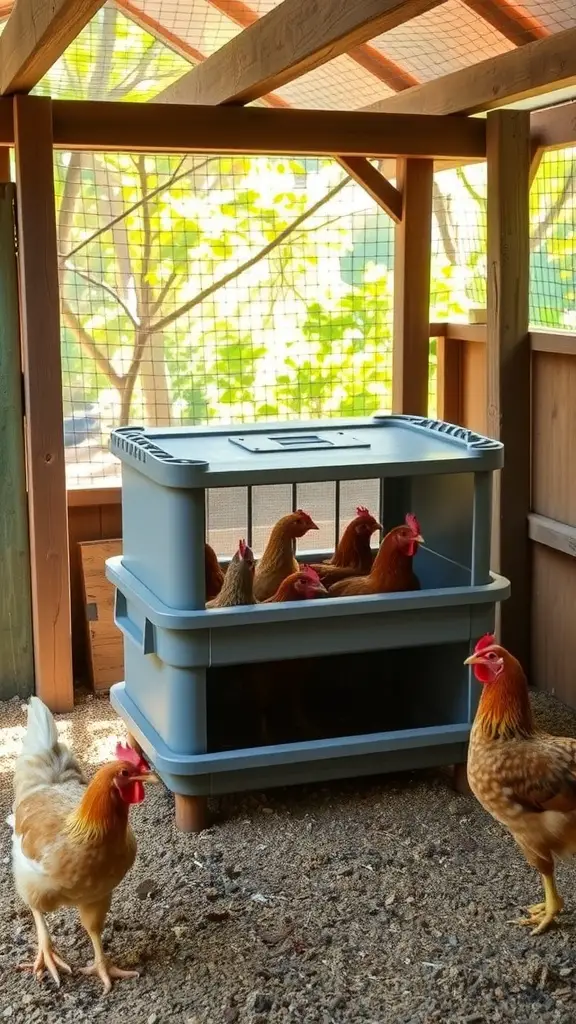 Chickens feeding from a DIY storage bin feeder in a coop