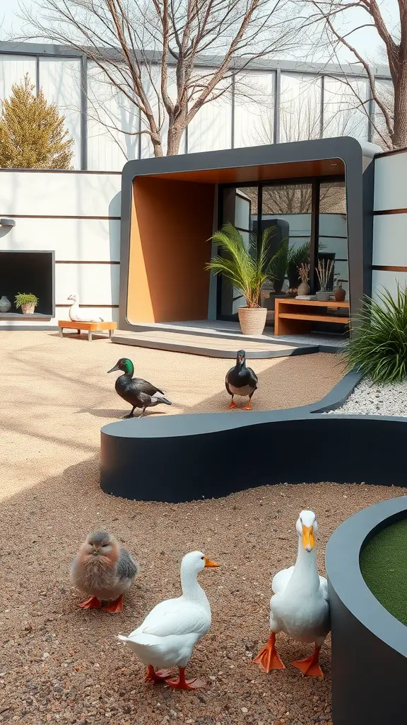 A modern duck run with ducks walking around, featuring sleek architecture and potted plants.