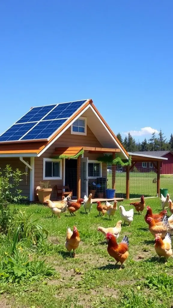 A sustainable chicken house with solar panels, surrounded by chickens in a green yard