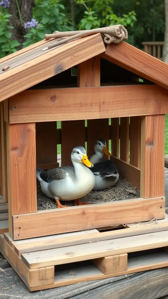 A sustainable duck house made from wooden pallets with two ducks inside