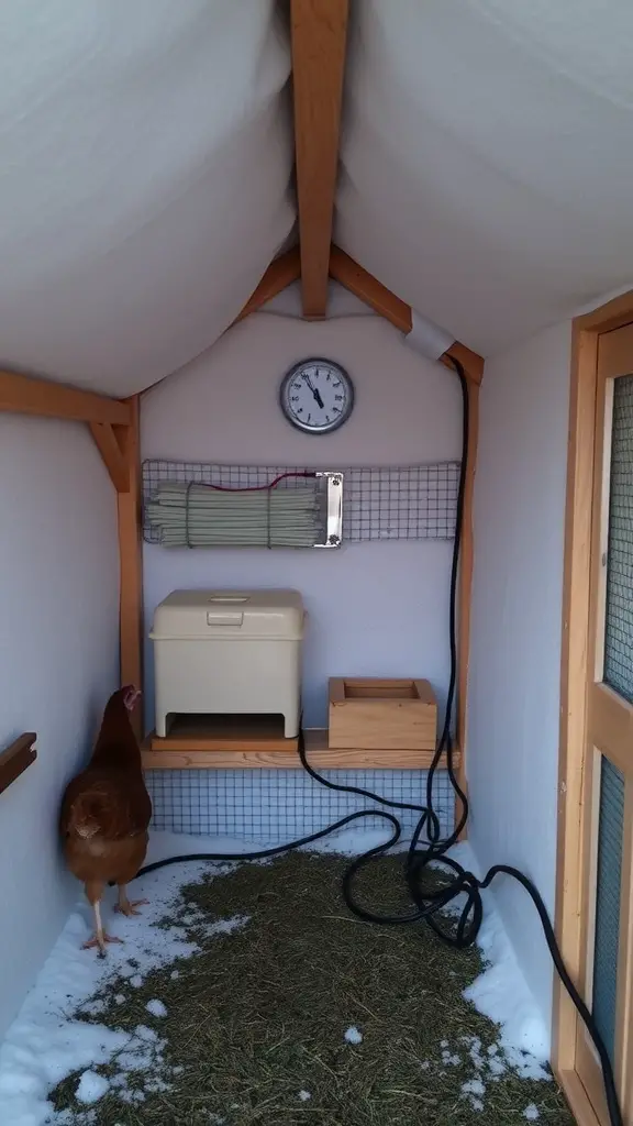 Interior of a chicken coop showing insulation, a clock, and a heating system.