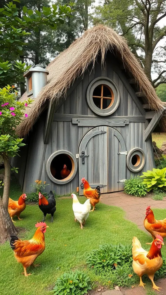A whimsical chicken tractor resembling a hobbit house with chickens roaming around.