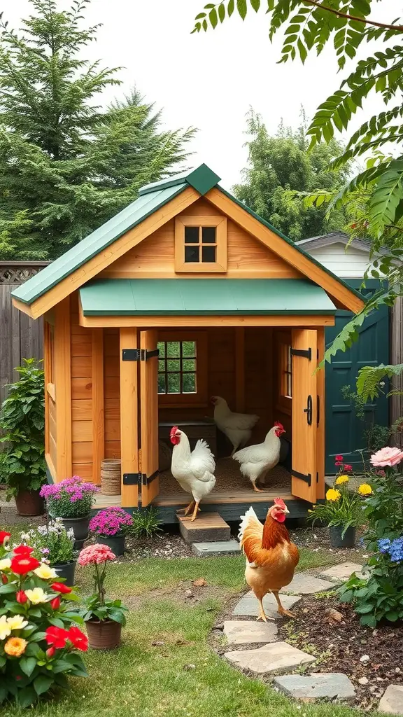 A tiny house-inspired chicken tractor surrounded by flowers and chickens.