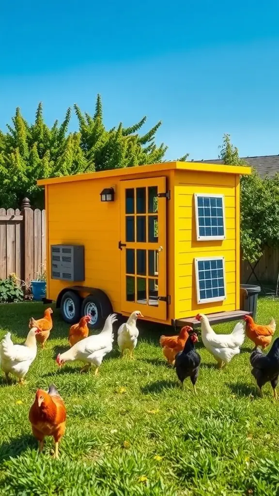 A bright yellow chicken tractor with solar panels, surrounded by chickens in a sunny backyard.
