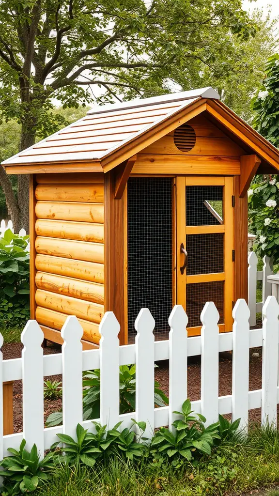 Traditional wooden chicken coop with a peaked roof and white picket fence