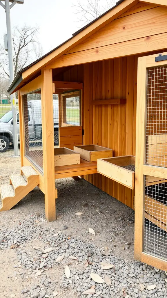 Traditional wooden chicken coop with a ramp and open nesting boxes