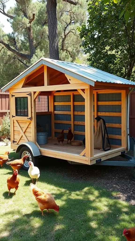Chicken coop on a trailer with chickens pecking around in the yard.