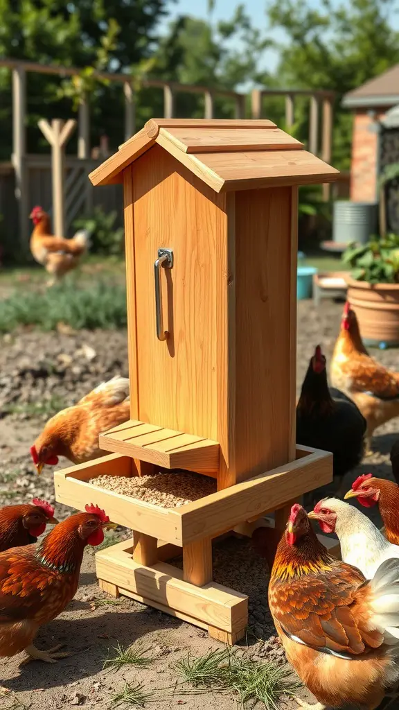 A wooden treadle feeder surrounded by chickens in a garden.
