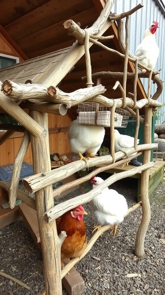 Chickens perched on a creatively designed tree branch roost