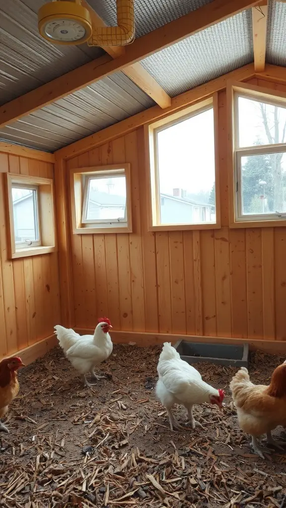 Interior of a chicken coop featuring windows and a ventilation fan.