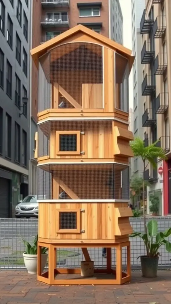 A tall, multi-level wooden chicken coop designed for urban settings.