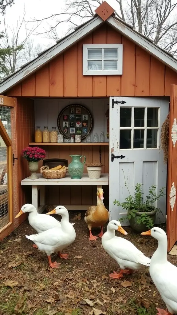 A vintage chicken coop converted for ducks, featuring white ducks in front, a warm orange exterior, and decorative interior elements.