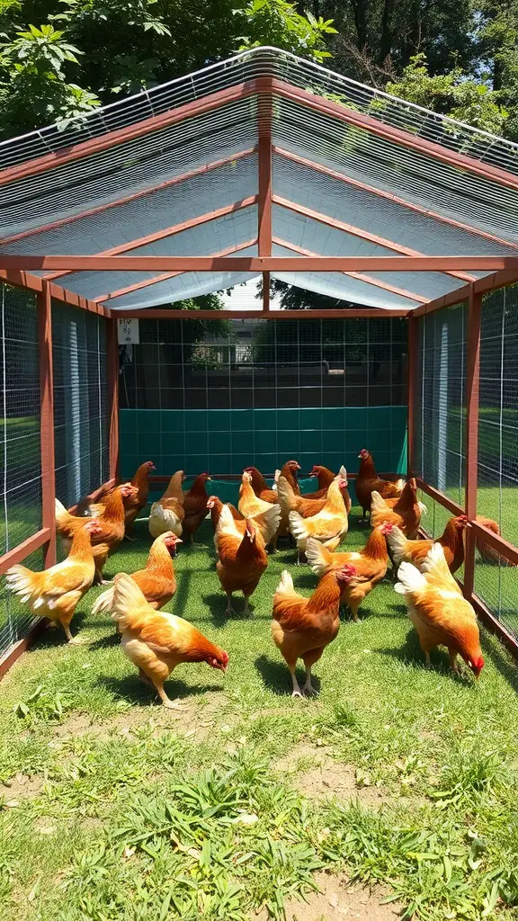 A walk-in chicken tractor with a group of chickens inside, showcasing a spacious design