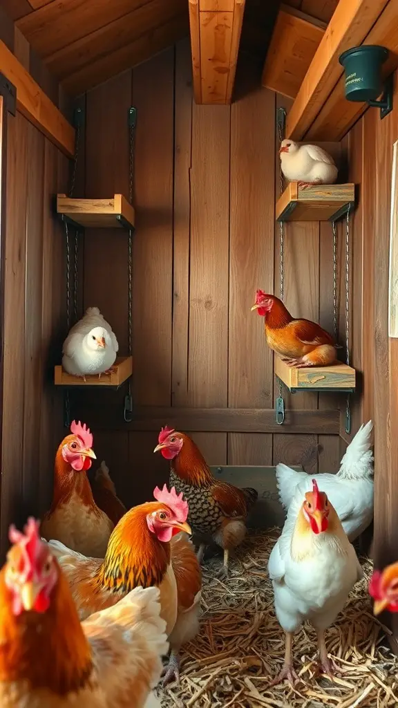 Chickens resting on wall-mounted roosts inside a wooden coop