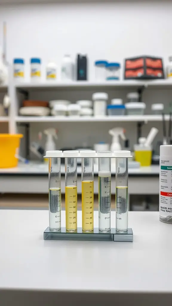 Test tubes filled with various liquid samples in a laboratory setting.