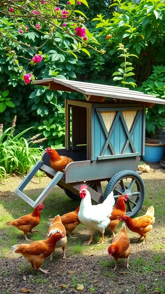 A wheelbarrow-inspired mobile chicken coop with chickens around it, set in a lush garden.