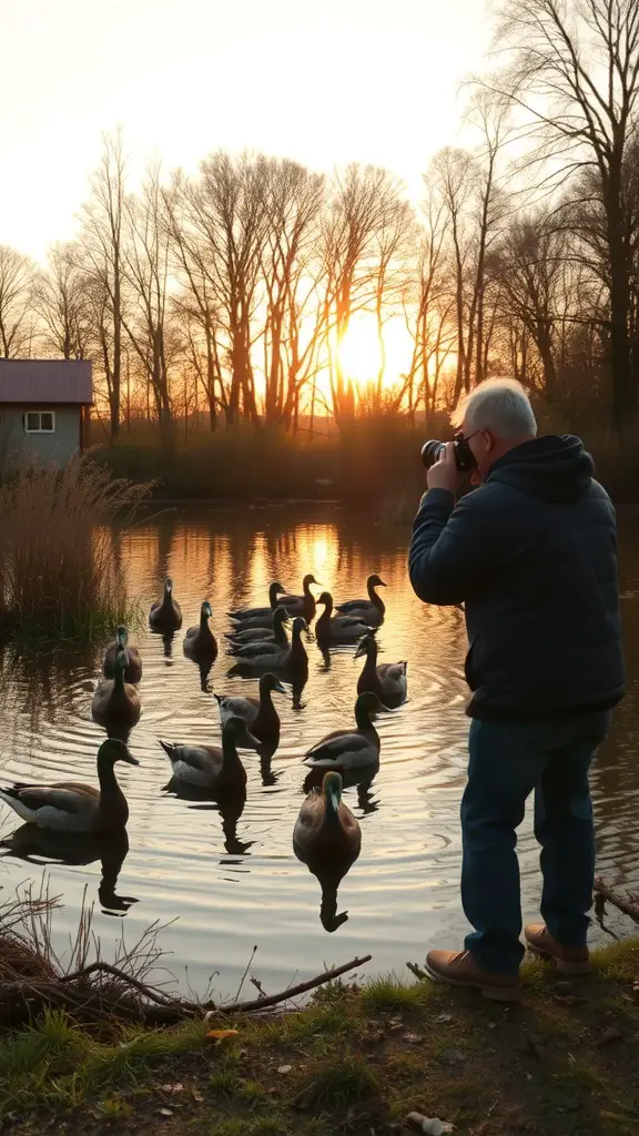A photographer capturing ducks at sunset by a pond