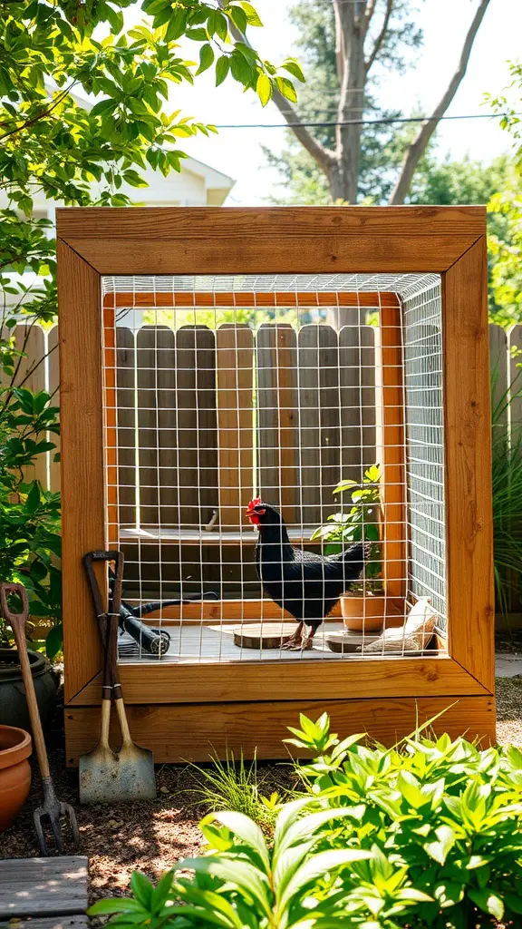 A wooden chicken tractor with chicken wire, featuring a black chicken inside, surrounded by greenery and gardening tools.